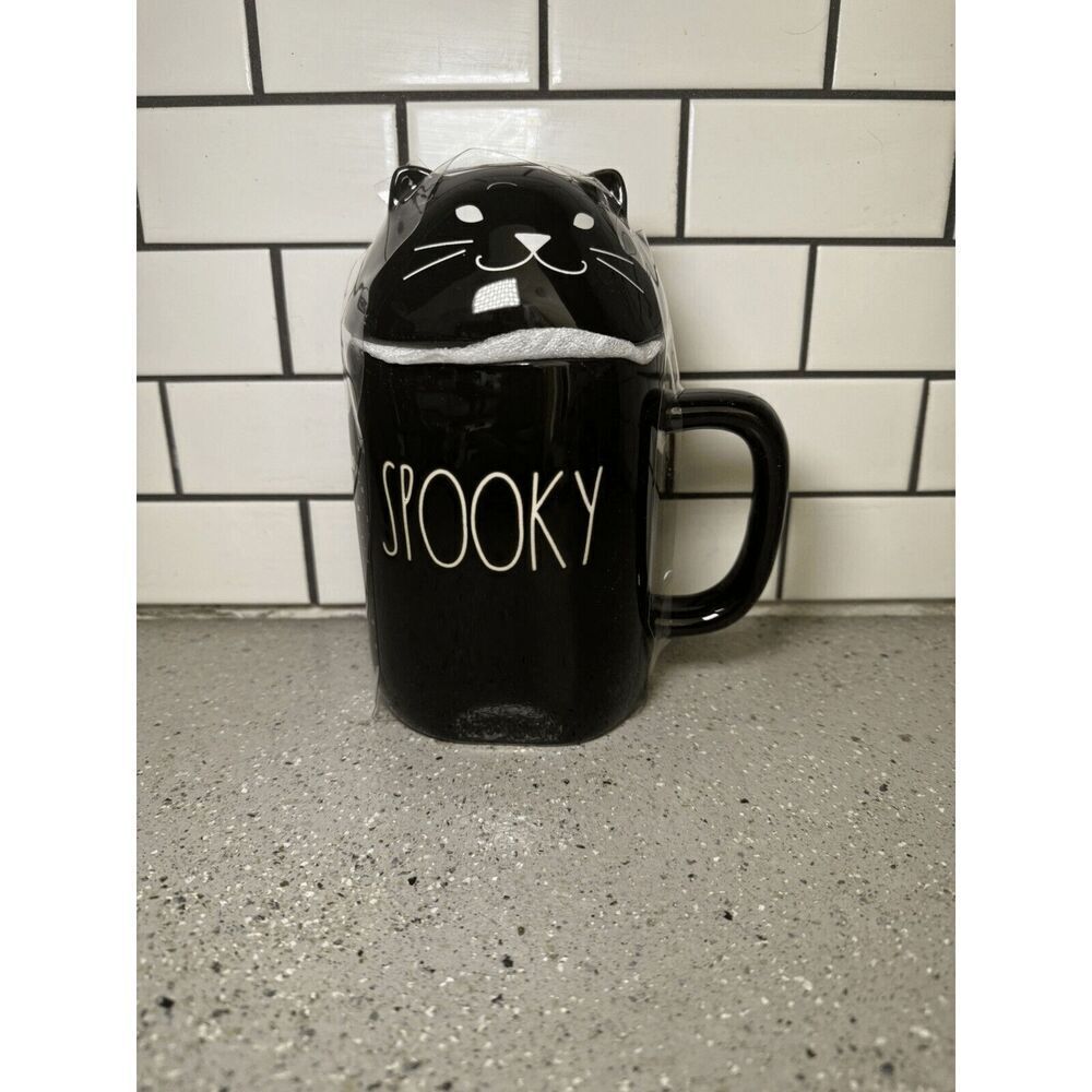 Rae Dunn Spooky Black Cat Mug With Lid New